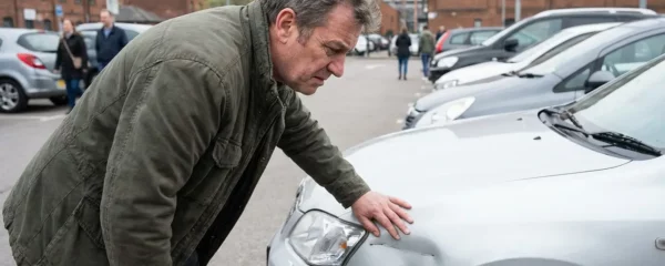 Propriétaire examinant les dommages de son véhicule après sinistre automobile