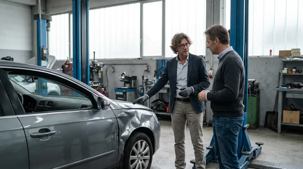 Deux experts automobiles discutant près d'un véhicule endommagé lors d'une expertise contradictoire Deux experts automobiles discutant près d'un véhicule endommagé lors d'une expertise contradictoire