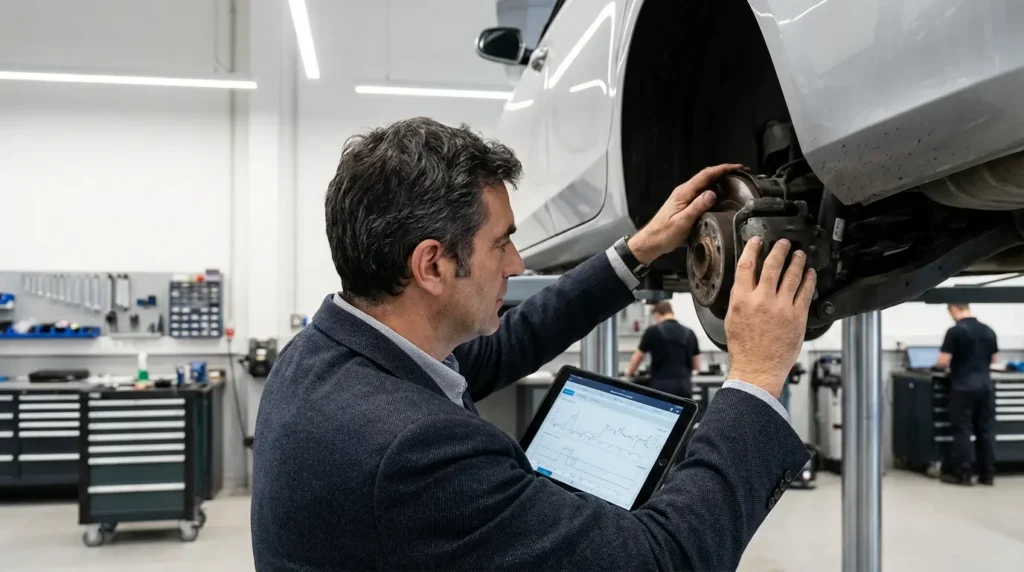 Expert automobile indépendant inspectant un véhicule avec tablette de diagnostic Expert automobile indépendant inspectant un véhicule avec tablette de diagnostic